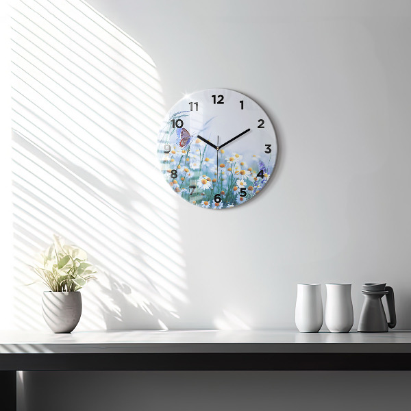 Round glass clock Butterfly in the meadow