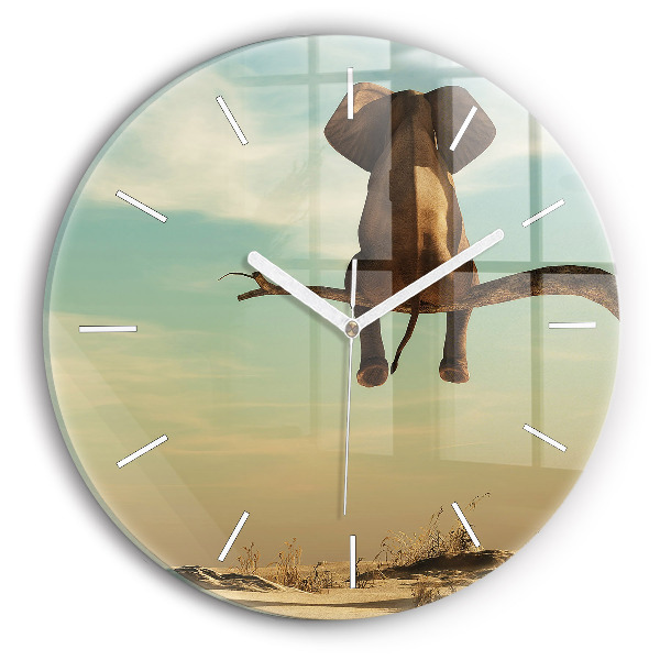 Round glass clock Elephant on a tree