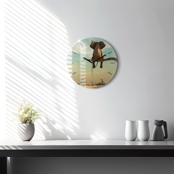 Round glass clock Elephant on a tree