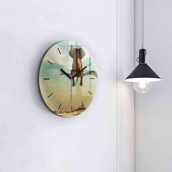 Round glass clock Elephant on a tree