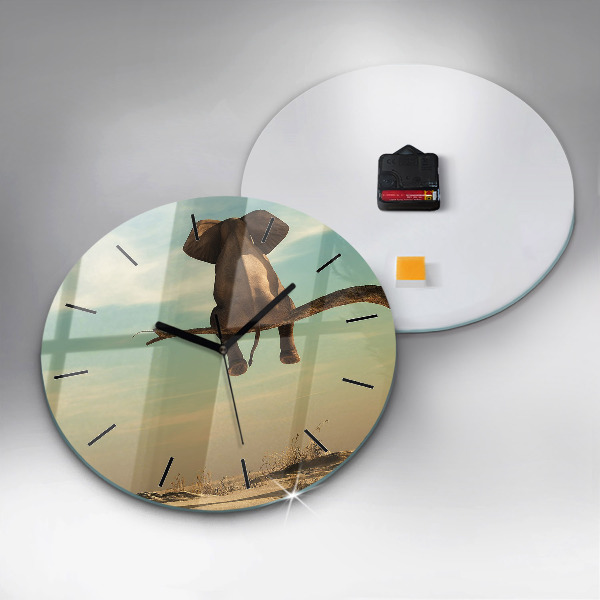 Round glass clock Elephant on a tree
