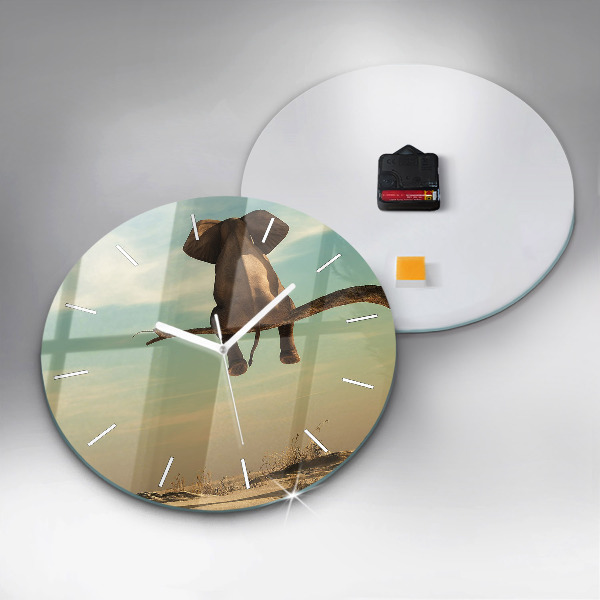 Round glass clock Elephant on a tree