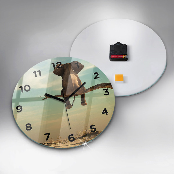 Round glass clock Elephant on a tree