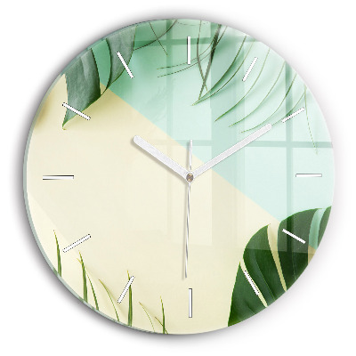 Round glass clock Monstera leaves