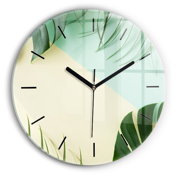 Round glass clock Monstera leaves