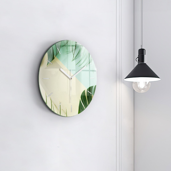 Round glass clock Monstera leaves