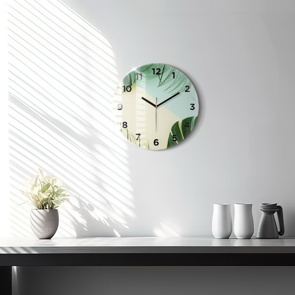 Round glass clock Monstera leaves