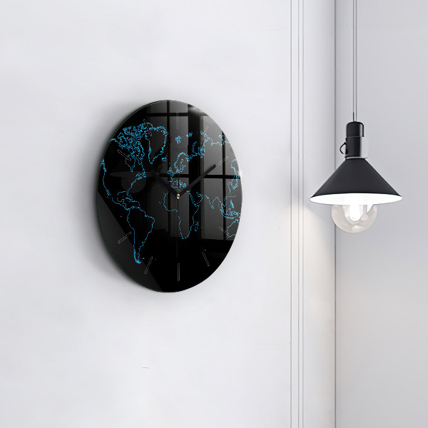 Round glass clock World map outlines
