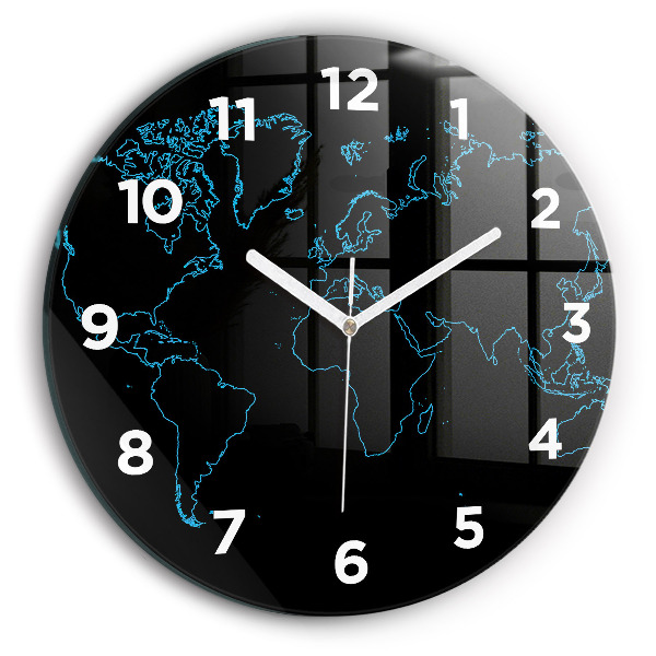 Round glass clock World map outlines