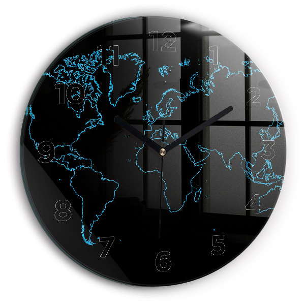 Round glass clock World map outlines