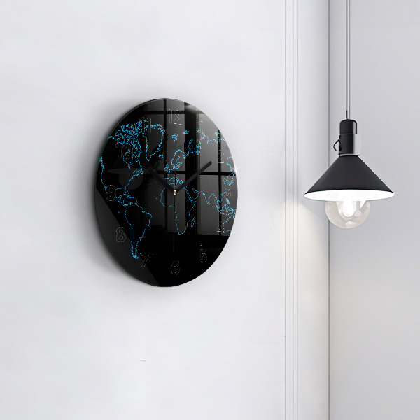 Round glass clock World map outlines