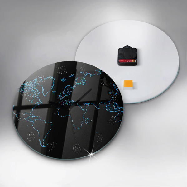 Round glass clock World map outlines