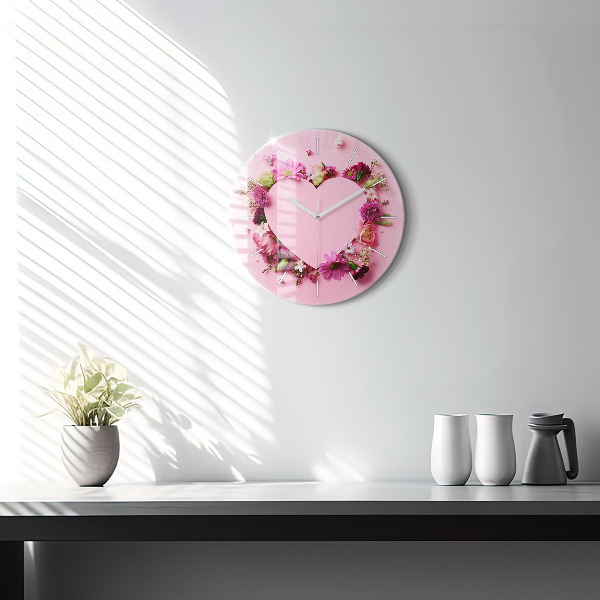 Round glass clock Heart of flowers
