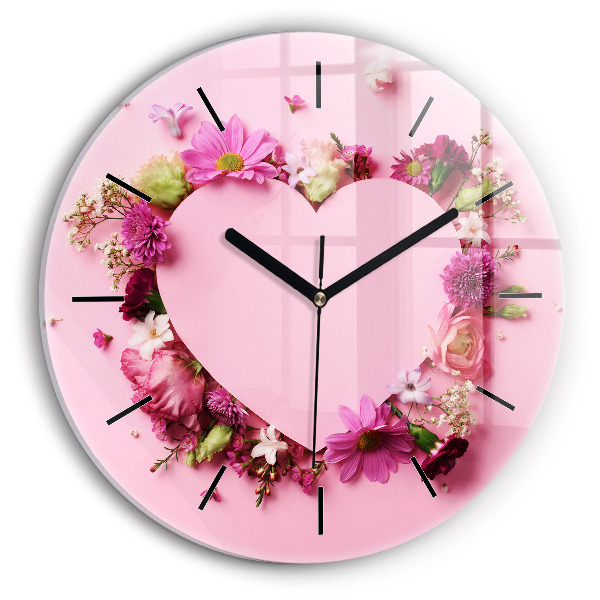 Round glass clock Heart of flowers