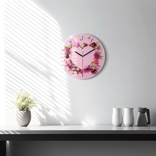 Round glass clock Heart of flowers