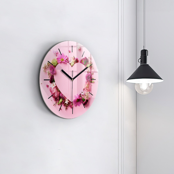 Round glass clock Heart of flowers