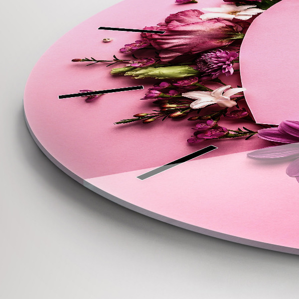 Round glass clock Heart of flowers