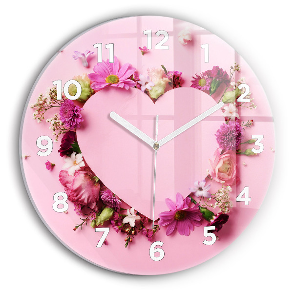 Round glass clock Heart of flowers