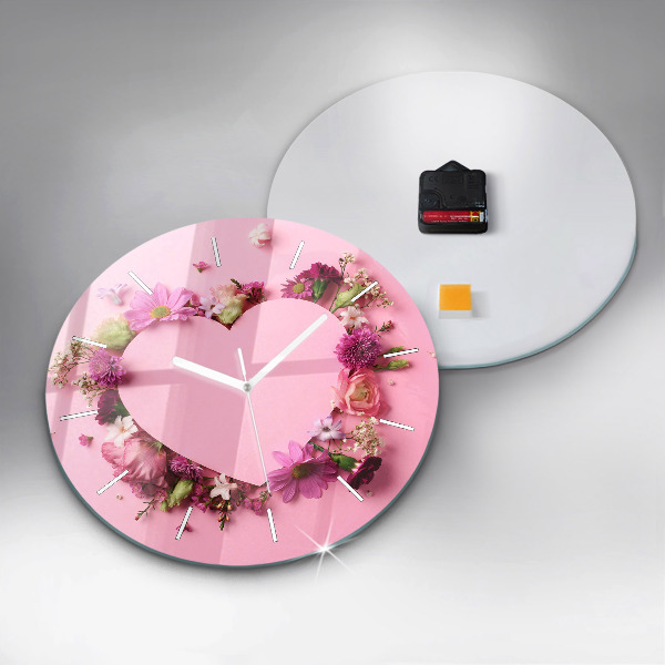 Round glass clock Heart of flowers