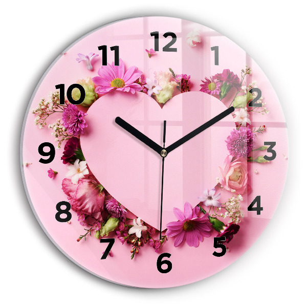 Round glass clock Heart of flowers