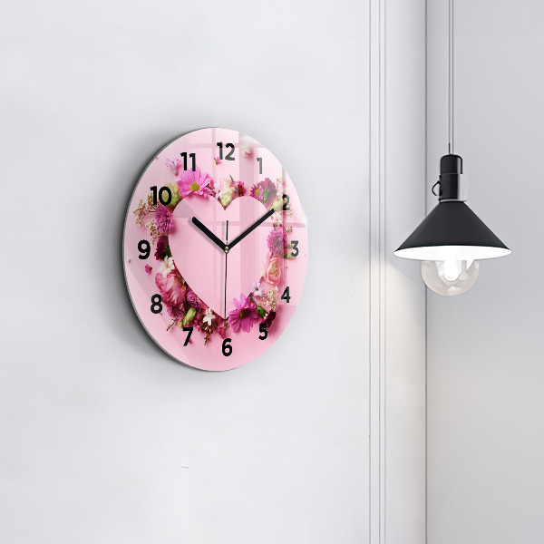 Round glass clock Heart of flowers