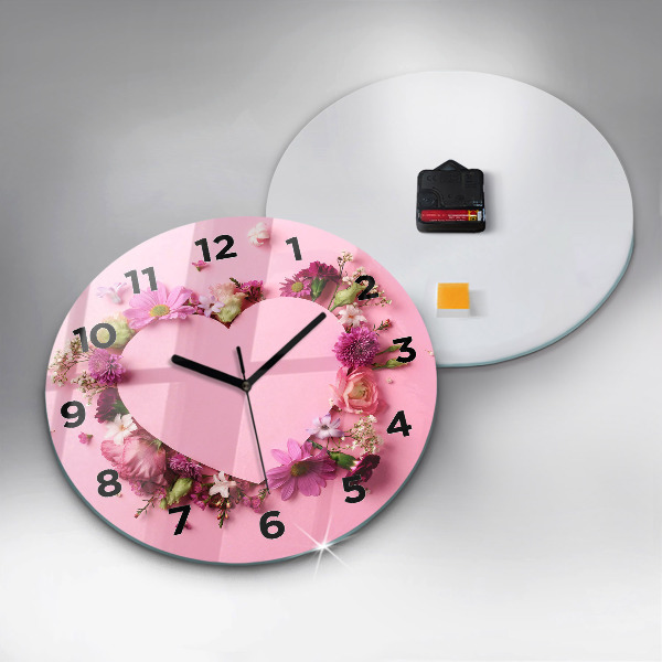 Round glass clock Heart of flowers