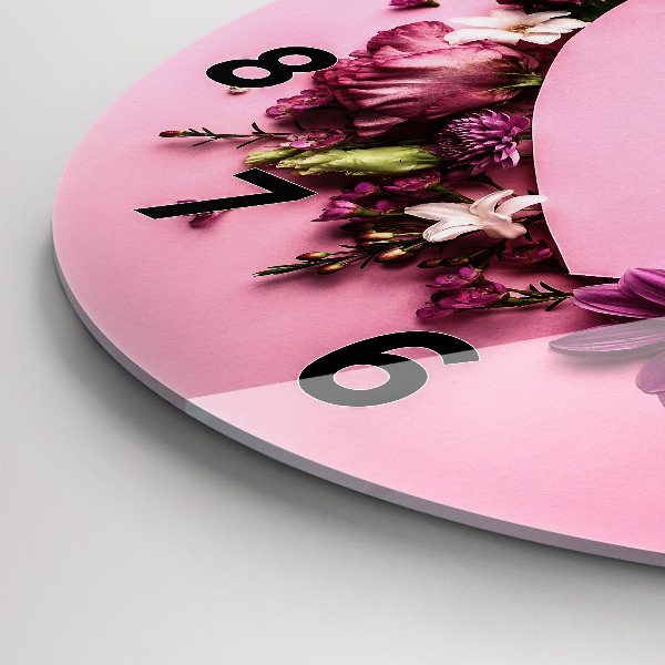 Round glass clock Heart of flowers