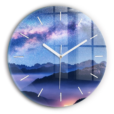 Round glass clock Milky Way and Mountains
