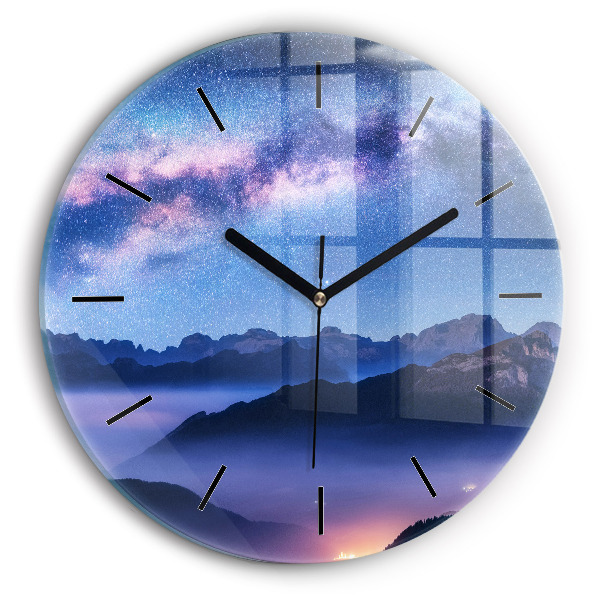 Round glass clock Milky Way and Mountains