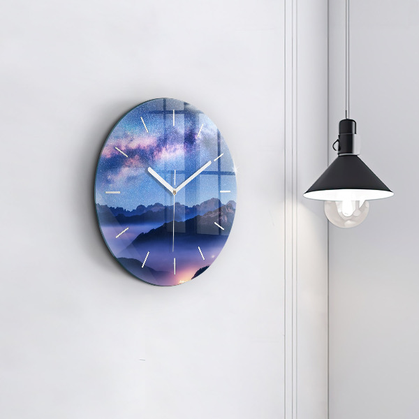Round glass clock Milky Way and Mountains