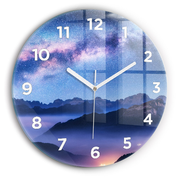 Round glass clock Milky Way and Mountains