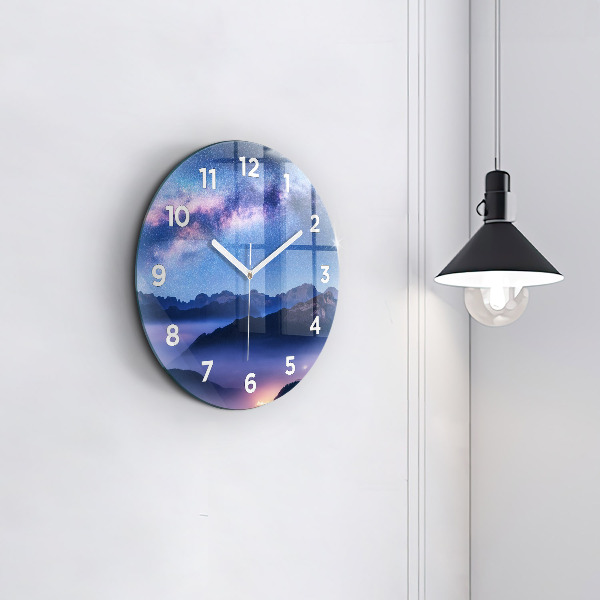 Round glass clock Milky Way and Mountains