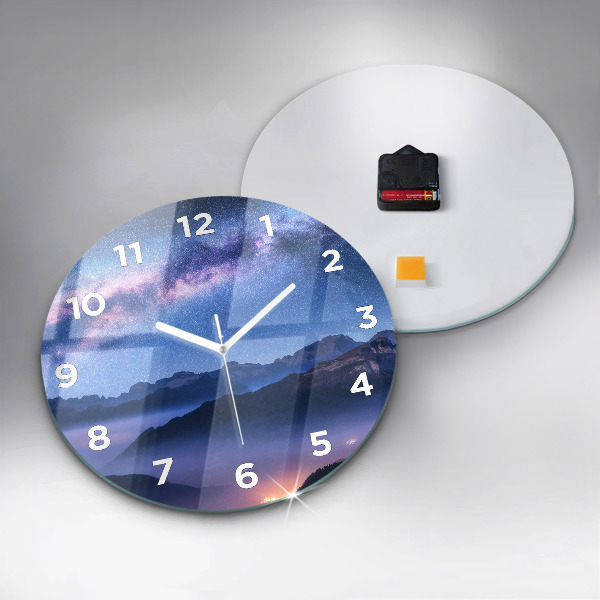 Round glass clock Milky Way and Mountains