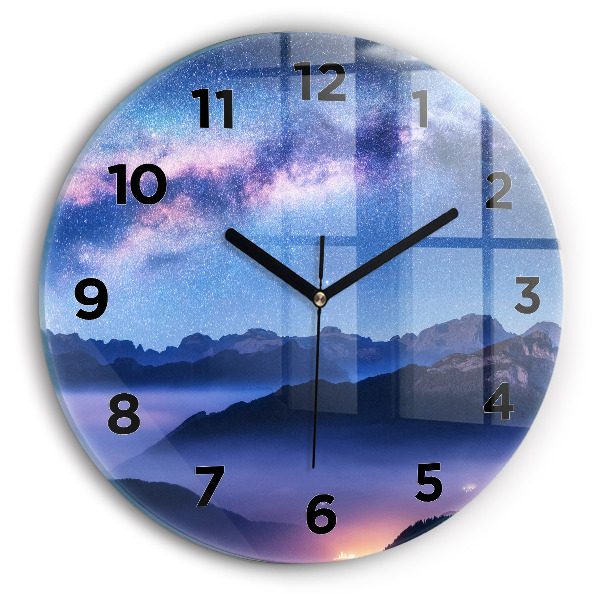 Round glass clock Milky Way and Mountains
