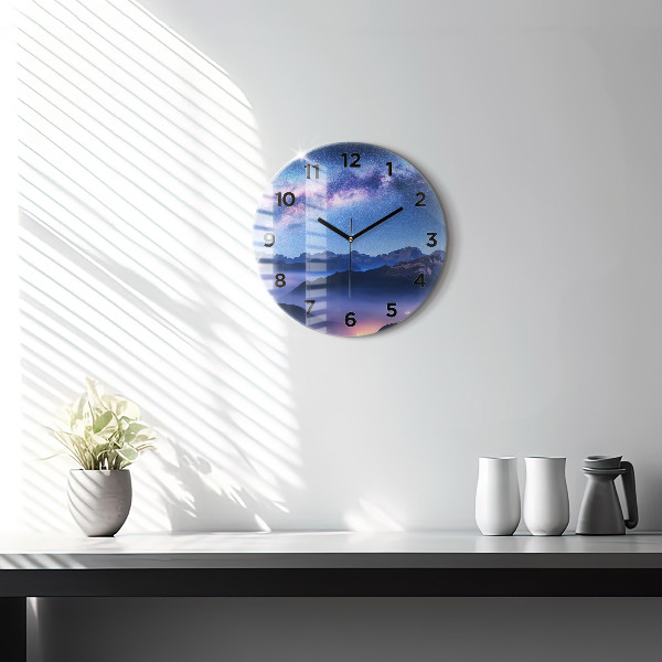 Round glass clock Milky Way and Mountains