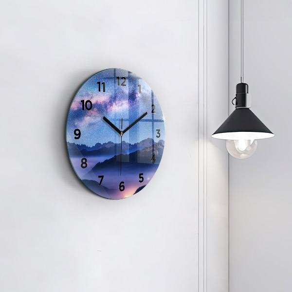 Round glass clock Milky Way and Mountains