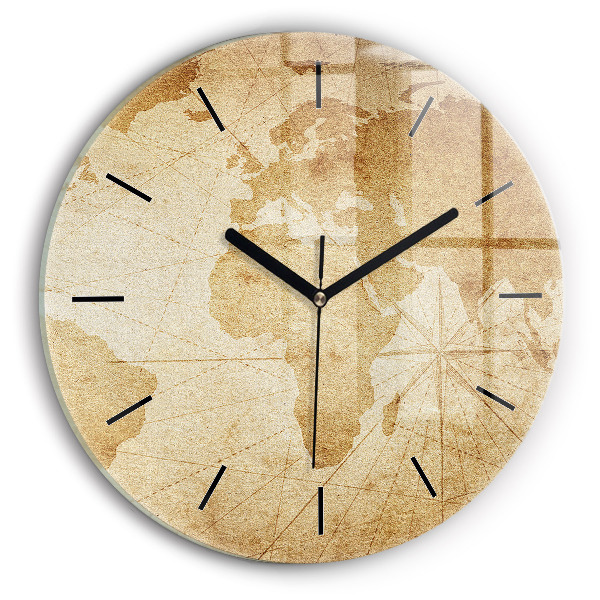 Round glass clock Vintage world map