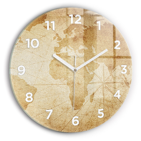 Round glass clock Vintage world map