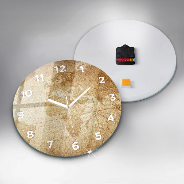 Round glass clock Vintage world map