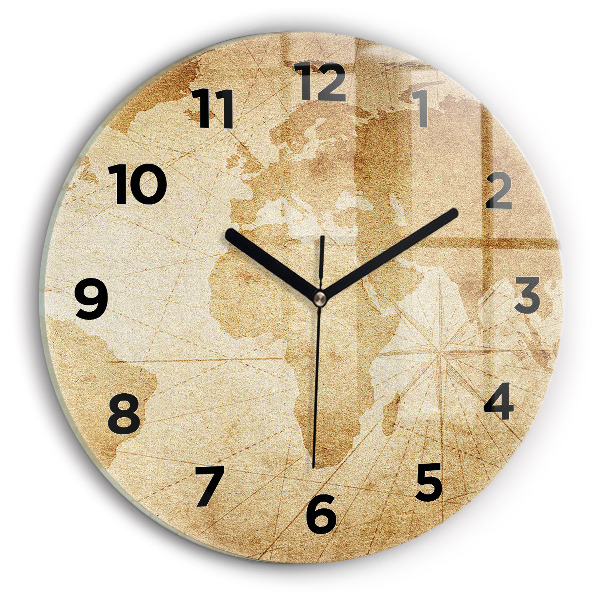 Round glass clock Vintage world map