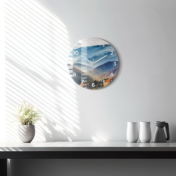 Round glass clock Mountain landscape