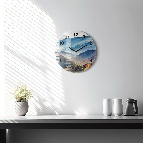 Round glass clock Mountain landscape