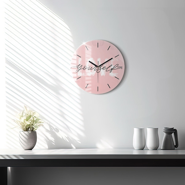 Round glass clock The inscription Love yourself