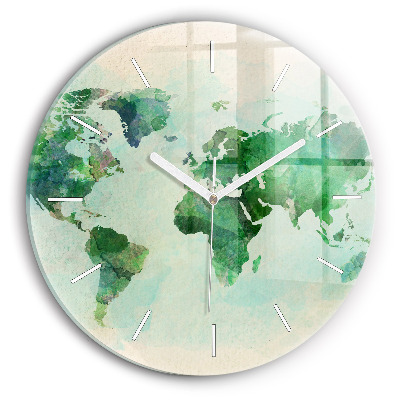 Round glass clock Watercolor world map