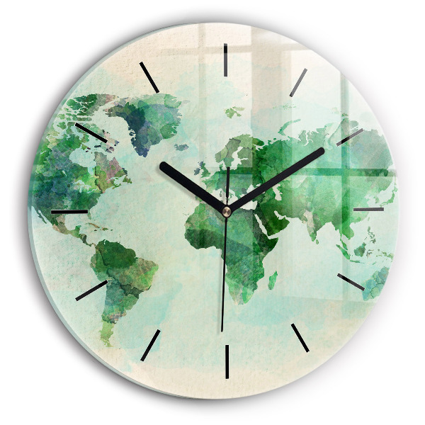 Round glass clock Watercolor world map