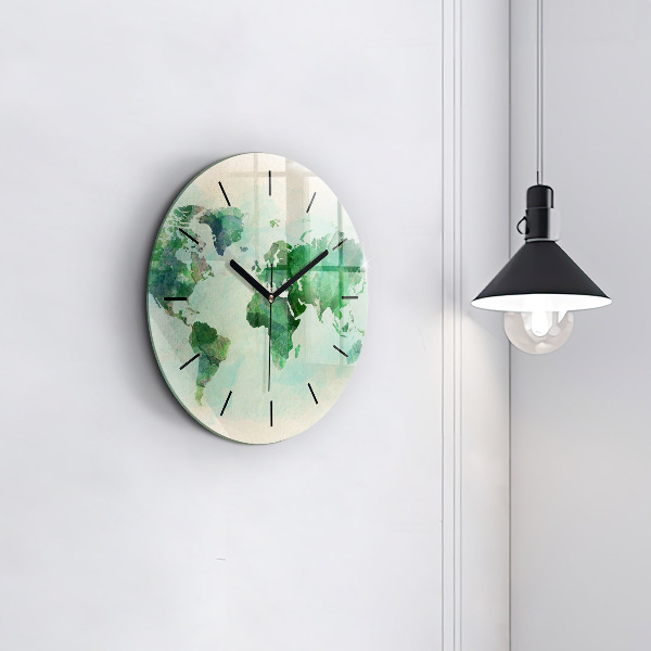 Round glass clock Watercolor world map