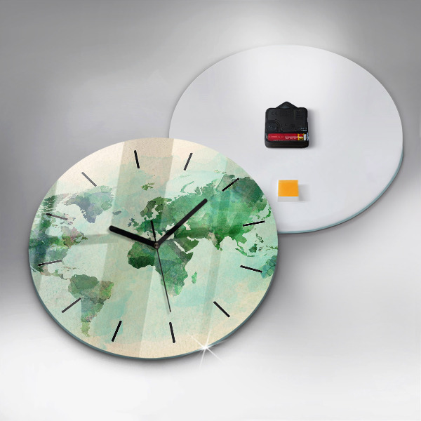 Round glass clock Watercolor world map