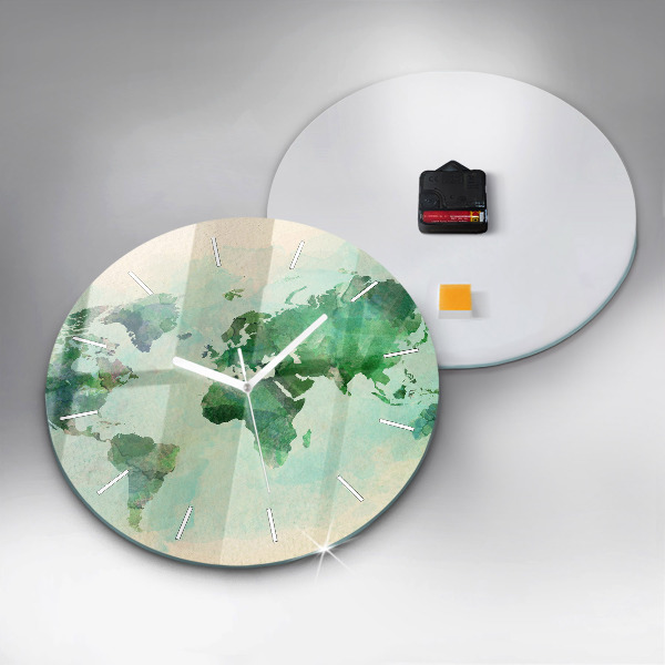 Round glass clock Watercolor world map