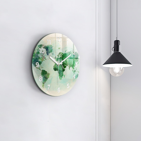 Round glass clock Watercolor world map