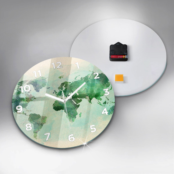 Round glass clock Watercolor world map